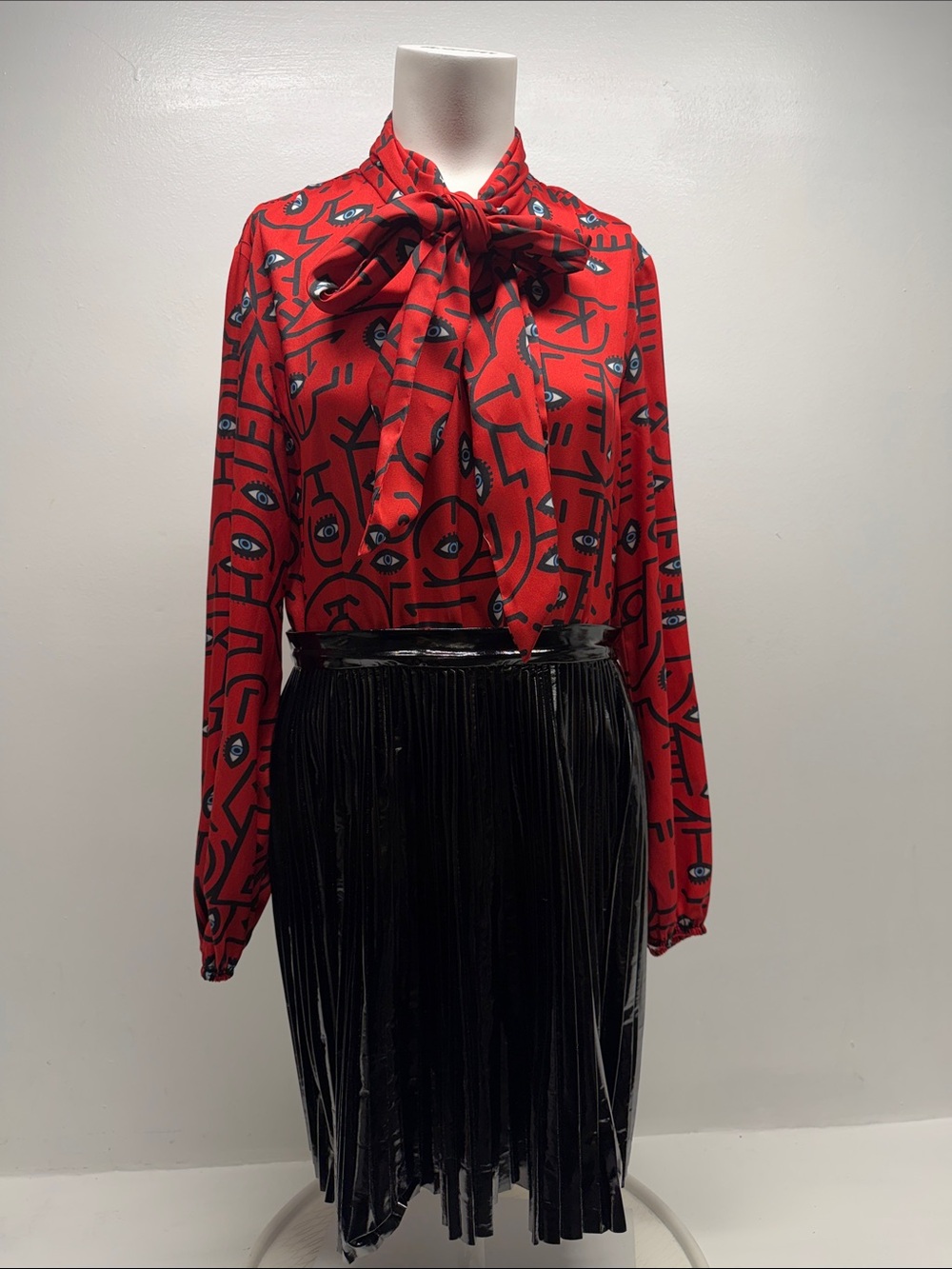 Delfi Collective Dress Mini Long Sleeve Evil Eye Tie Pleated Vegan Red Medium